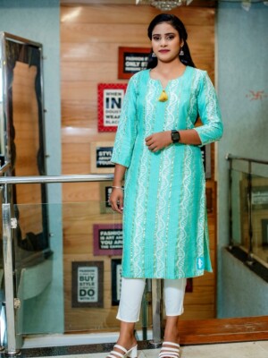 Exquisite Straight Cut Sea Green and White Chanderi Printed Kurti, a tribute to timeless elegance and sophistication