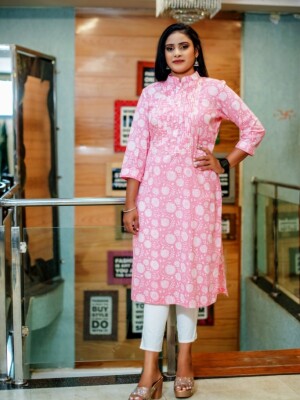Enchanting Straight Cut Pure Cotton Baby Pink & White Floral Printed Kurti, a masterpiece of elegance and grace.