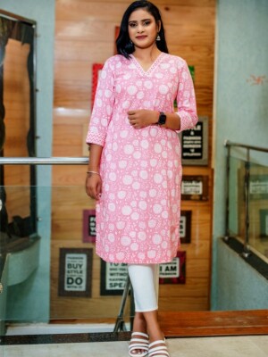 Ethereal Straight Cut Pure Cotton White & Pink Floral Printed Kurti, embodying a perfect blend of tradition and contemporary fashion.