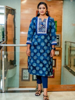 Timeless Straight Cut Elegant Shades of Blue Handblock Floral Print Cotton Kurti, a blend of comfort and sophistication.