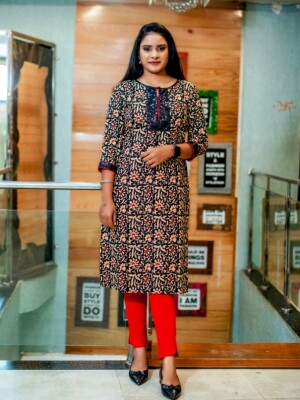 Stunning Soft Rayon Red & Black Floral Printed Straight Cut Kurti, a blend of comfort and style.