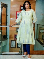 Elegant A-line Light Yellow Cotton Printed Kurti, light and breathable cotton,  comfortable  and stylish