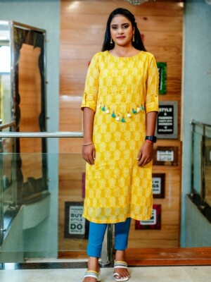 Beautiful Mal Cotton Straight Cut Yellow Floral Printed Kurta, a blend of comfort and style.