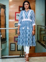 Charming Frock Style Bluish Grey Floral Print Cotton Kurti, offering a versatile and elegant appeal.