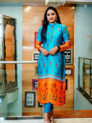 Vibrant Blue & Orange Satin Floral Printed Straight Cut Full Sleeve Kurta, offers a luxurious feel and comfortable wear.