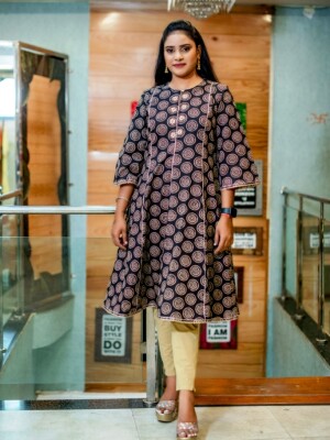 Pure Cotton A-line Black Motif Printed Kurti,  a perfect blend of elegance and contemporary style.