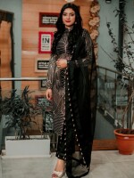 Georgette kurta with matte gold on a solid black base, elevating the design and adding a touch of class.