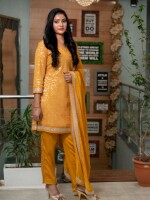 A short-length, straight-cut kurta in an elegant mustard yellow shade, add a touch of grace to the design.