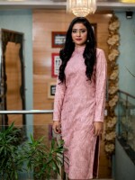 A full-length, straight-cut kurta in a delicate blush pink hue, with allover thread embroidery, adding an ethereal charm