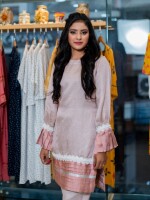 A blush pink, self-textured cotton short-length straight-cut kurta with bell frill sleeves, designed to radiate glamour and elegance
