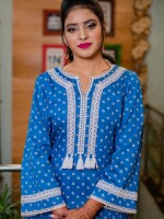 Blue cotton straight-cut kurta features exquisite white cotton lacework on the sleeves and yoke, adding a touch of sophistication and grace.