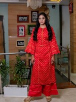 Vibrant Red bandhani print straight-cut kurta, adorned with intricate gotta work highlighting the princess line