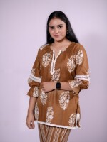 Comfortable and stylish Coffee Brown & White Co-Ord Set, places comfort at the forefront without compromising on style.