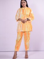 Vibrant Yellow Orange Tie-Dye Print Co-Ord Set, elevated with pearl & stone pins to accentuate the pleats on the sleeves and pant bottoms