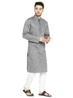 Black & grey cotton checks men long kurta and design pattern- Checks