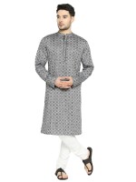 Black & grey cotton checks men long kurta and design pattern- Checks