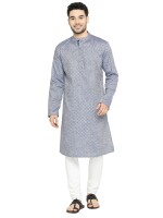 Blue & grey cotton checks men long kurta