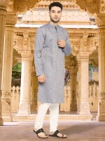 Blue & grey cotton checks men long kurta