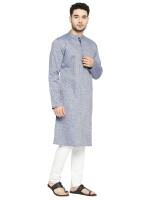 Blue & grey cotton checks men long kurta