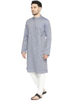 Blue & grey cotton checks men long kurta