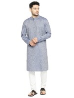 Blue & grey cotton checks men long kurta