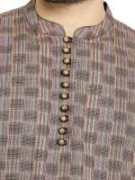 Brown multicolor weave cotton checks loop buttons  men long kurta