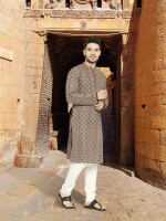 Brown multicolor weave cotton checks loop buttons  men long kurta