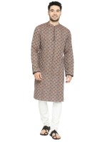 Brown multicolor weave cotton checks loop buttons  men long kurta