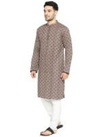 Brown multicolor weave cotton checks loop buttons  men long kurta