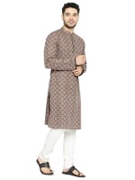 Brown multicolor weave cotton checks loop buttons  men long kurta