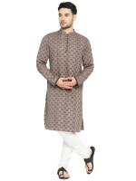 Brown multicolor weave cotton checks loop buttons  men long kurta