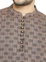 Brown multicolor weave cotton checks loop buttons  men long kurta