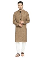 Brown poly- cotton hand block printed men  long kurta