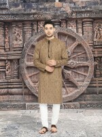 Brown poly- cotton hand block printed men  long kurta