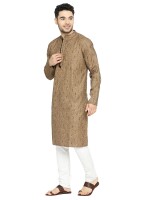 Brown poly- cotton hand block printed men  long kurta