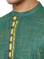 Green poly-cot yellow lines / embroidery men  long kurta
