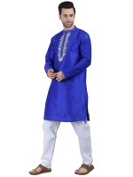 Royal blue dupion fabric embroidery men's long kurta