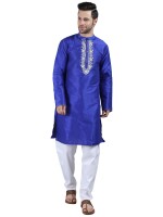 Royal blue dupion fabric embroidery men's long kurta