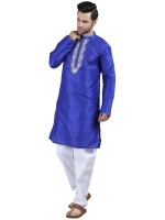 Royal blue dupion fabric embroidery men's long kurta