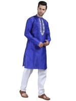 Royal blue dupion fabric embroidery men's long kurta