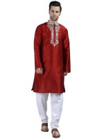 Red color dupion fabric embroidery men long kurta
