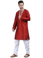 Red color dupion fabric embroidery men long kurta