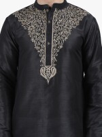 Black color dupion fabric embroidery men long kurta