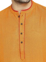 Golden yellow textured poly cot red piping men long kurta