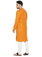 Golden yellow textured poly cot red piping men long kurta