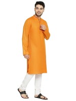 Golden yellow textured poly cot red piping men long kurta