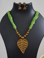 Green Beaded Thread Necklace, Party wear Antique Necklace with Earrings