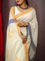 WHITE Khadi Stipes pallu buta Handloom Tangail saree