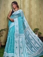 Sky blue soft silk jamdani saree