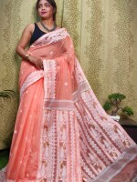 Peach color soft silk jamdani saree